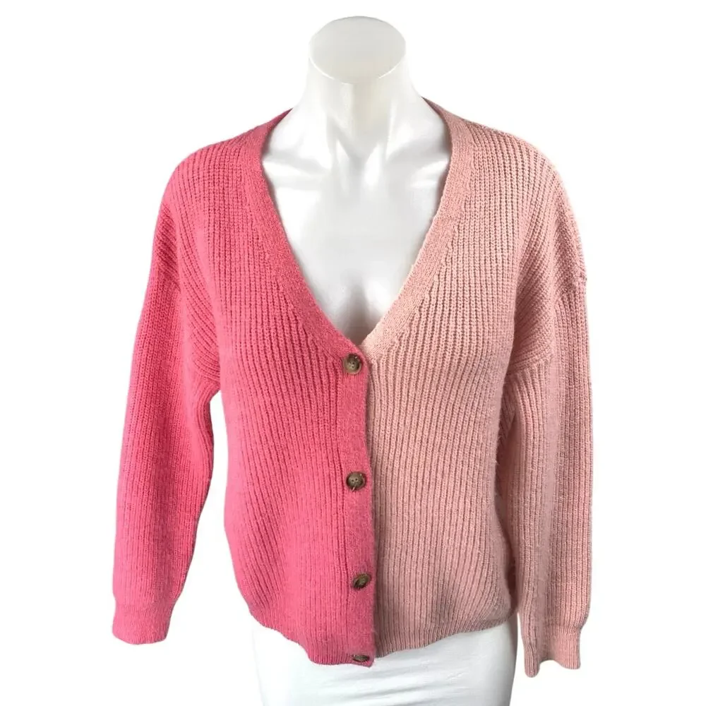 Pink Martini Women's Colorblock Ribbed Knit Button Down Cardigan Sweater Top XS